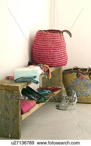 Shelf with shoes and bags View Large Photo Image Stock Photo - Shelf with shoes and bags. Fotosearch