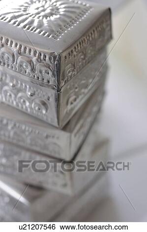 Stack of silver boxes View Large Photo Image Stock Photograph - Stack of silver boxes. Fotosearch