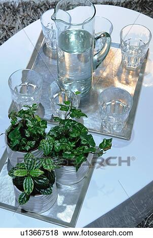 Trays with mineral water and potted plants View Large Photo Image Stock Photo - Trays with mineral water and potted plants. Fotosearch