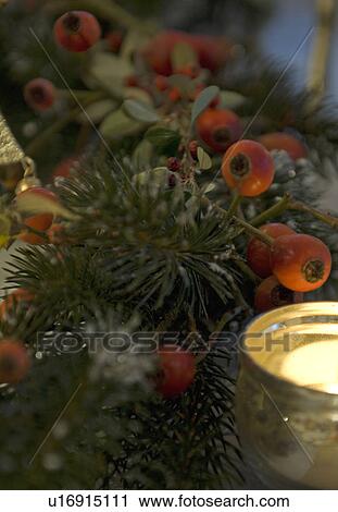 Stock Image - Twig with fruits and burning candle. Fotosearch