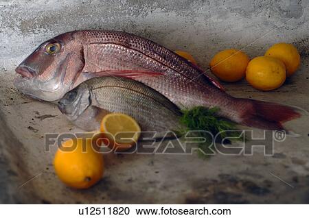 Stock Image - Two fishes and lemons. Fotosearch