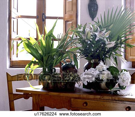 Vases with Hydrangea and Lily on wooden table View Large Photo Image Picture - Vases with Hydrangea and Lily on wooden table. Fotosearch