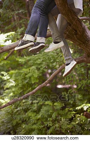 Stock Image - 2 girls having fun together in a tree. Fotosearch