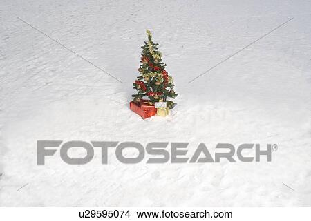 Picture - Christmas tree and presents in snow. Fotosearch