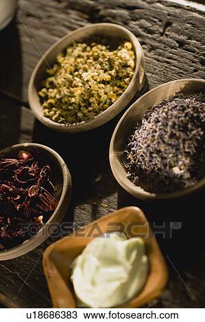 Stock Image - Dried herbs and creme. Fotosearch