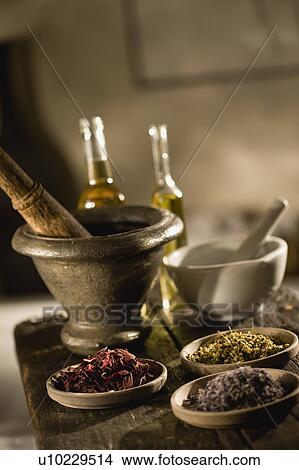 Picture - Herbs and oil. Fotosearch