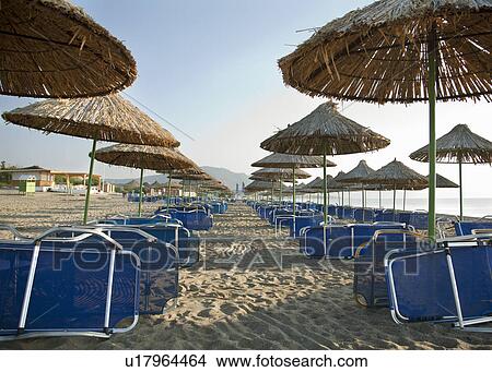 Parasols and sunloungers on beach View Large Photo Image Picture - Parasols and sunloungers on beach. Fotosearch
