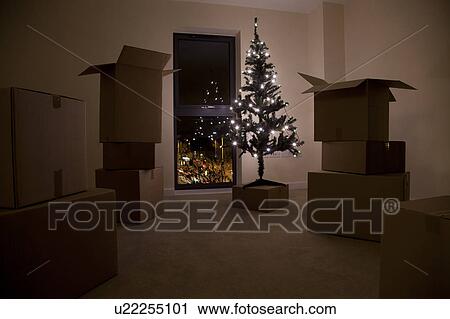 Stock Image - Still life of xmas tree and moving boxes. Fotosearch