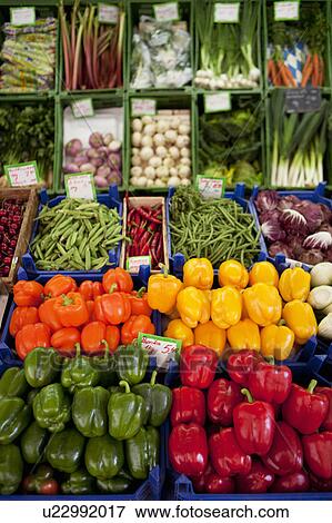 Stock Photo - Various peppers shown on a market. Fotosearch