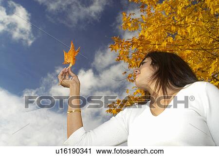 Woman holiding leaf up to sky View Large Photo Image Stock Image - Woman holiding leaf up to sky. Fotosearch