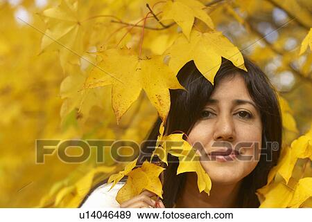 Woman looking through leaves in autumn View Large Photo Image Stock Photo - Woman looking through leaves in autumn. Fotosearch