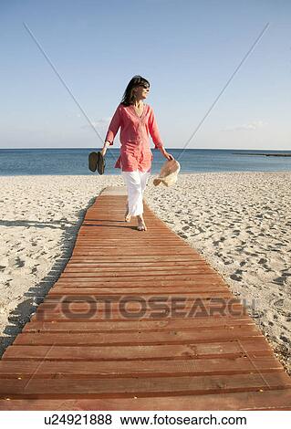 Woman walking on boardwalk on beach View Large Photo Image Stock Photo - Woman walking on boardwalk on beach. Fotosearch