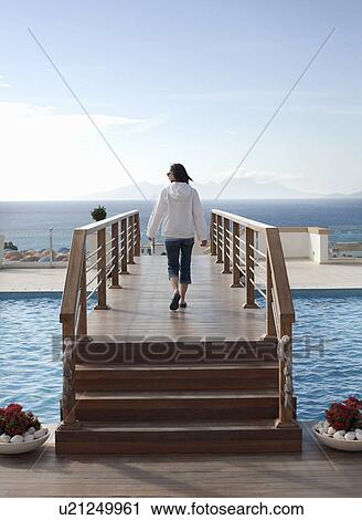 Woman walking over bridge View Large Photo Image Stock Image - Woman walking over bridge. Fotosearch
