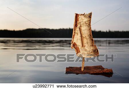 Stock Image - Bark boat on a lake at sunset. Fotosearch