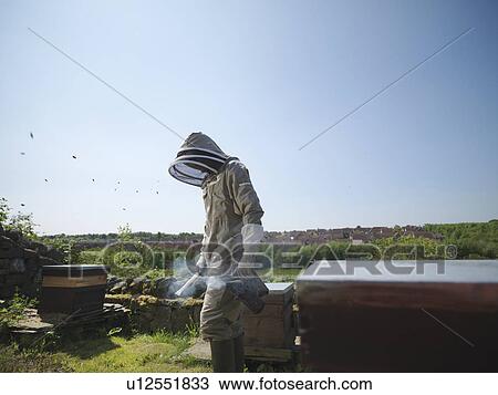 Stock Image - Beekeeper with smoker and hives. Fotosearch
