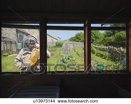 Beekeepers with honey comb in garden View Large Photo Image Picture - Beekeepers with honey comb in garden. Fotosearch