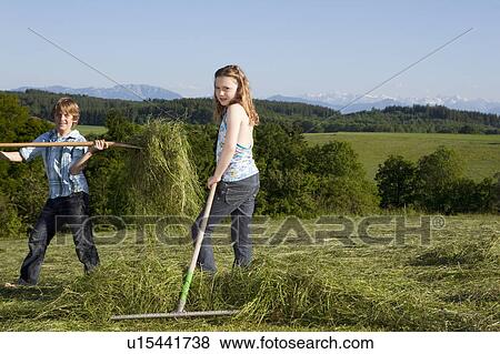 Boy and girl raking lawn View Large Photo Image Stock Photo - Boy and girl raking lawn. Fotosearch