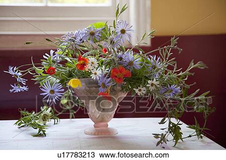 Stock Image - Flowers in vases and an English Garden. Fotosearch