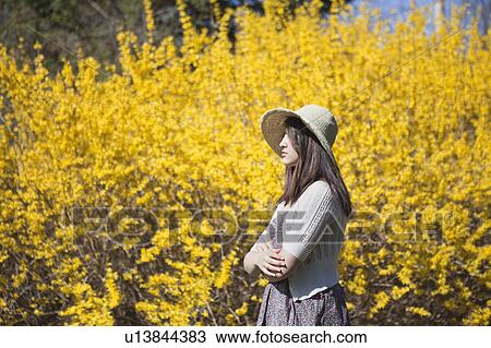Girl standing by flowers View Large Photo Image Stock Image - Girl standing by flowers. Fotosearch