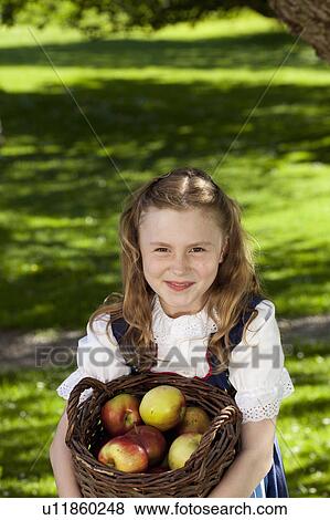 Girl with basket filled with apples View Large Photo Image Stock Photo - Girl with basket filled with apples. Fotosearch