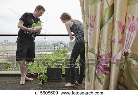 Stock Photo - Man and woman planting up flower pots. Fotosearch