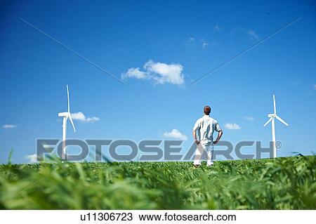 Man in field looking at wind turbines View Large Photo Image Stock Image - Man in field looking at wind turbines. Fotosearch