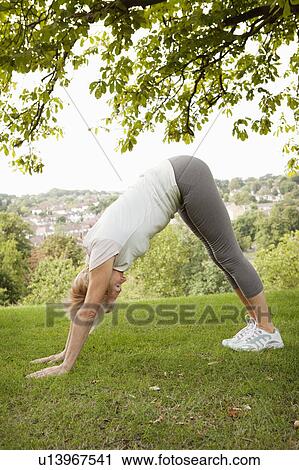 Mature woman doing yoga stretch in park View Large Photo Image Stock Image - Mature woman doing yoga stretch in park. Fotosearch