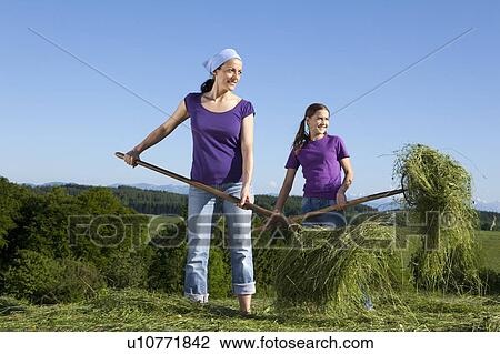 Mother, daughter collecting grass View Large Photo Image Stock Image - Mother, daughter collecting grass. Fotosearch