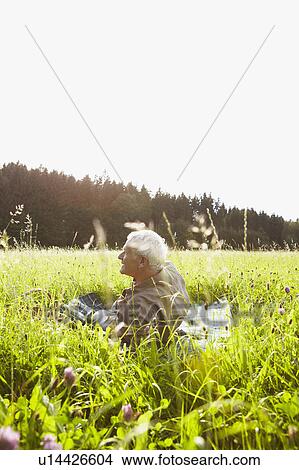 Senior man lying in meadows View Large Photo Image Picture - Senior man lying in meadows. Fotosearch