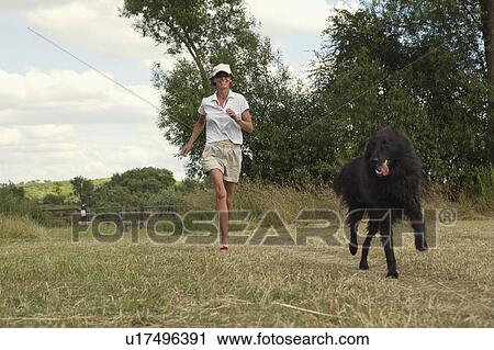 Stock Image - Woman running with dog. Fotosearch