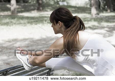 Woman stretching on a bench View Large Photo Image Stock Photo - Woman stretching on a bench. Fotosearch