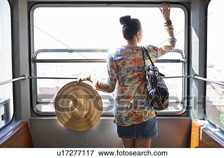 Woman travelling in funicular train View Large Photo Image Stock Photo - Woman travelling in funicular train. Fotosearch
