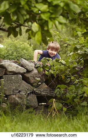 Stock Photo - Young boy climbing stone wall in orchard. Fotosearch