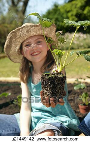 Stock Image - Young girl with Strawberry plant. Fotosearch