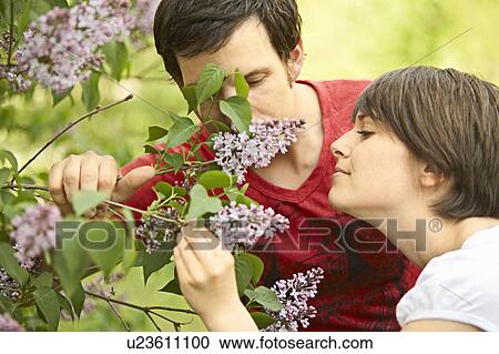 Stock Image - Young romantic couple in a park. Fotosearch