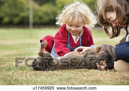 Stock Image - Dog being cuddled by children. Fotosearch