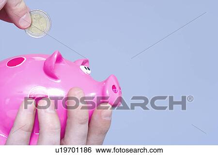 dropping a coin in a piggy box View Large Photo Image Stock Photograph - dropping a coin in a piggy box. Fotosearch