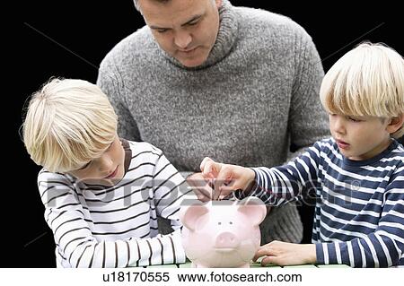 Father teaching sons to save View Large Photo Image Stock Photography - Father teaching sons to save. Fotosearch