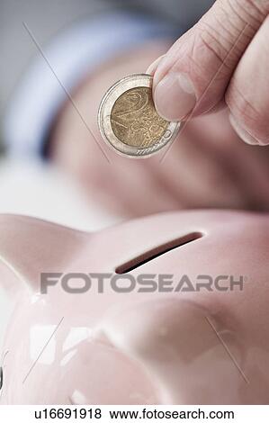 Hand putting coin into piggy bank View Large Photo Image Stock Photo - Hand putting coin into piggy bank. Fotosearch