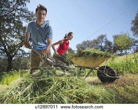 Man and woman working together in field View Large Photo Image Stock Image - Man and woman working together in field. Fotosearch