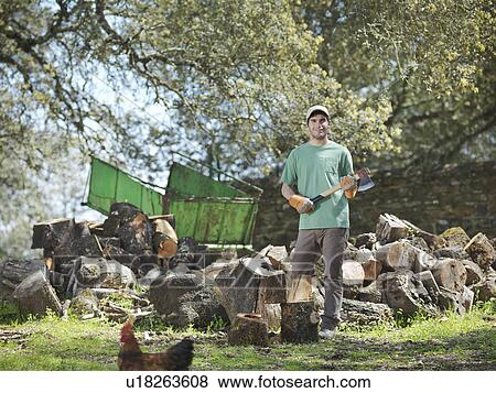 Man chopping wood on farm View Large Photo Image Stock Photo - Man chopping wood on farm. Fotosearch