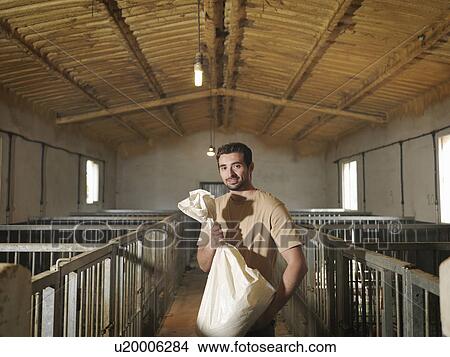 Picture - Man in pen holding a bag of feed. Fotosearch