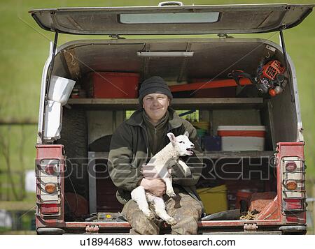 Man sitting in van boot holding lamb View Large Photo Image Stock Image - Man sitting in van boot holding lamb. Fotosearch
