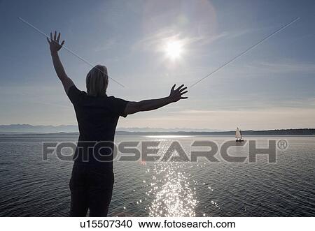 man watching the sun set over a lake View Large Photo Image Stock Image - man watching the sun set over a lake. Fotosearch