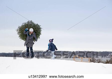 Stock Photo - Mother and son carrying christmas tree. Fotosearch