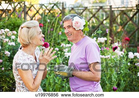 woman laughs at man with rose behind ear View Large Photo Image Stock Photograph - woman laughs at man with rose behind ear. Fotosearch