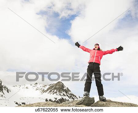 Woman shouting from snowy mountain top View Large Photo Image Stock Photography - Woman shouting from snowy mountain top. Fotosearch