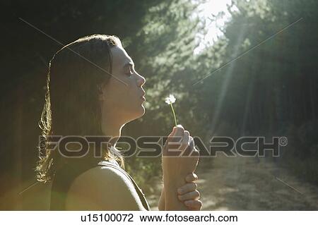 Stock Image - Young man blowing dandelion in forest. Fotosearch