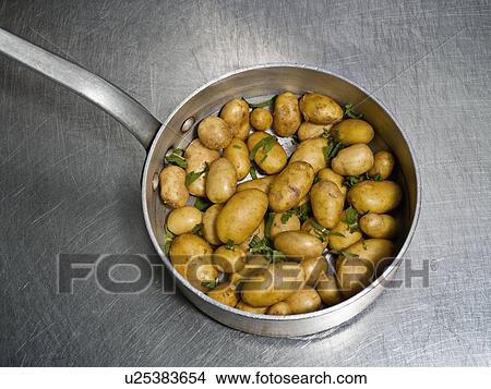 Picture - A steel pan containing new potatoes. Fotosearch