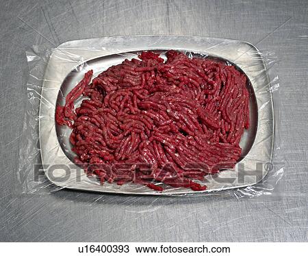 Stock Image - A steel plate of minced meat. Fotosearch